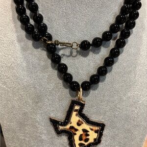 Black Beaded Necklace with Leopard Texas Pendant with crystal accents!